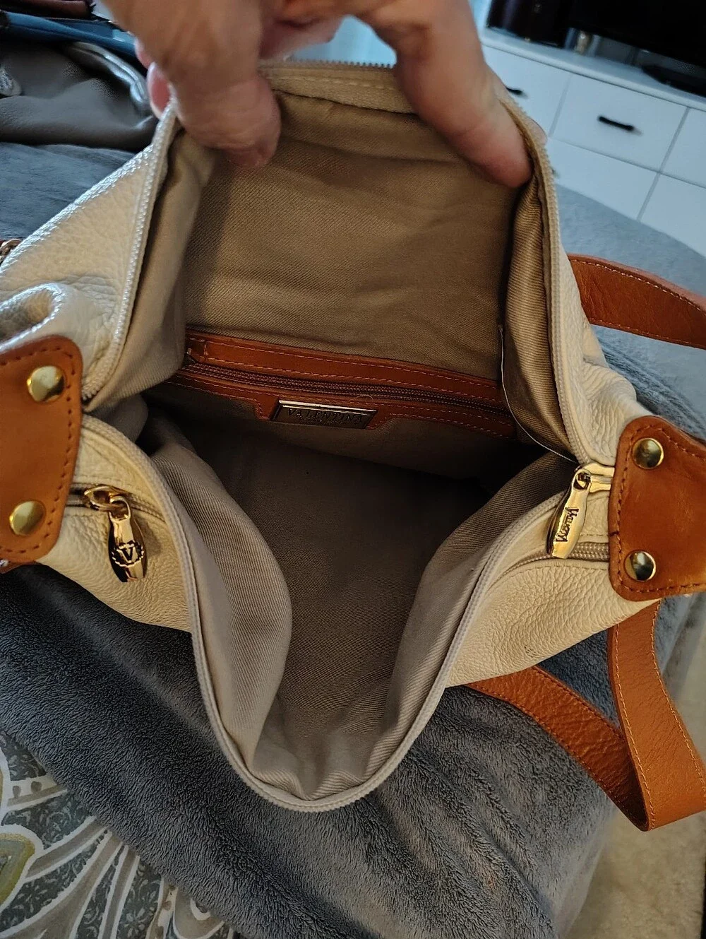 Valentina Cream and Brown Leather Shoulder Bag with Gold Plate